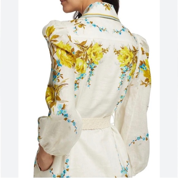 Zimmermann Halcyon Linen Shirt Dress Blue Yellow Floral Belted Size 0 US Size 4 - Picture 4 of 11